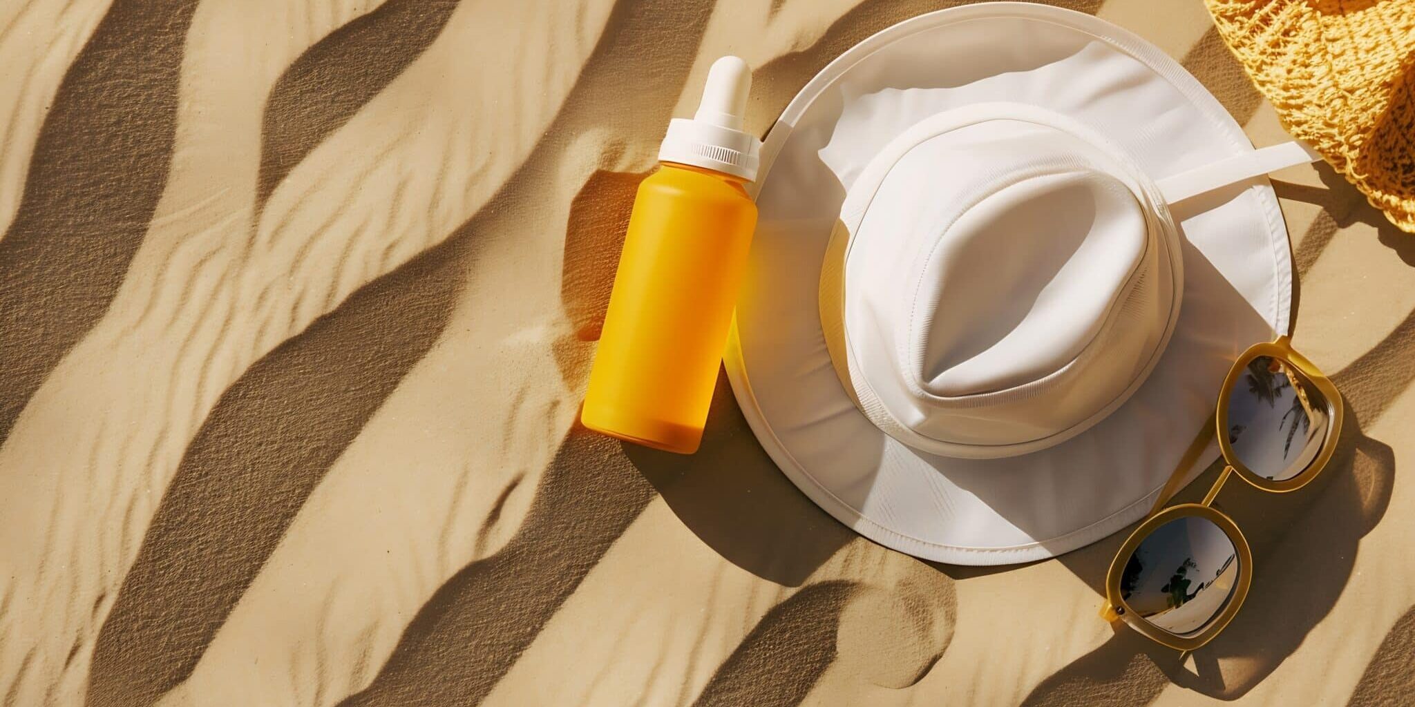 Summer travel beach flat lay composition copy space Hat sunglasses sunscreen lotion sunblock cream on beach sand background Summer vacations and spf uvprotecting skin care concept : Generative AI les idées reçues sur les produits solaires
